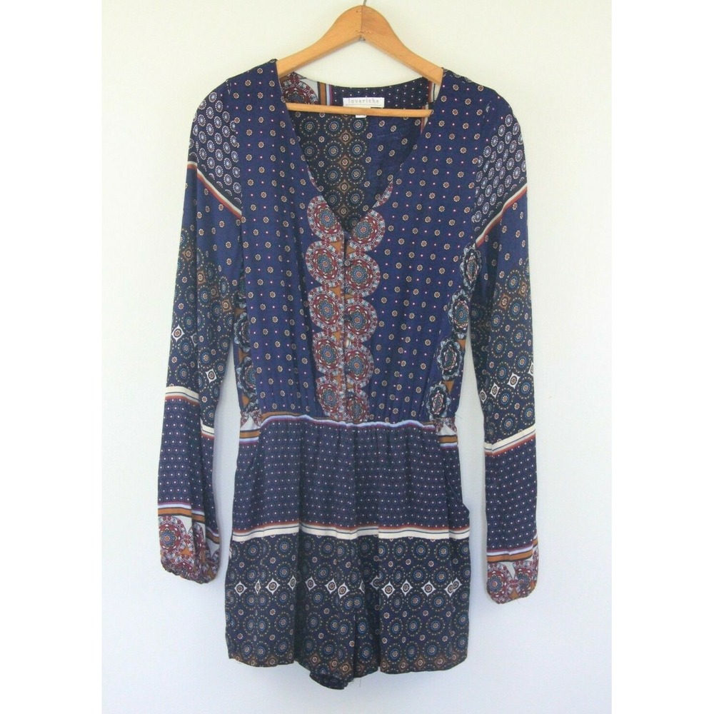 LoveRiche Women Blue BoHo Long Sleeve Jumpsuit Romper Size S Pockets #177